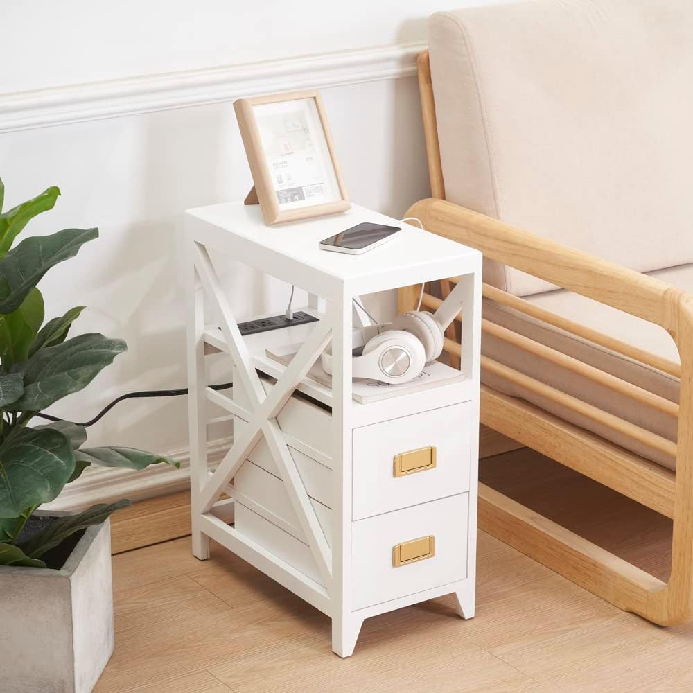 Fully Assembled Narrow Side Table with Charging Station, No Assembly Narrow Nightstand with USB Ports, Pre Assembled Skinny End Table with Outlets for Living Room, Bedroom-White