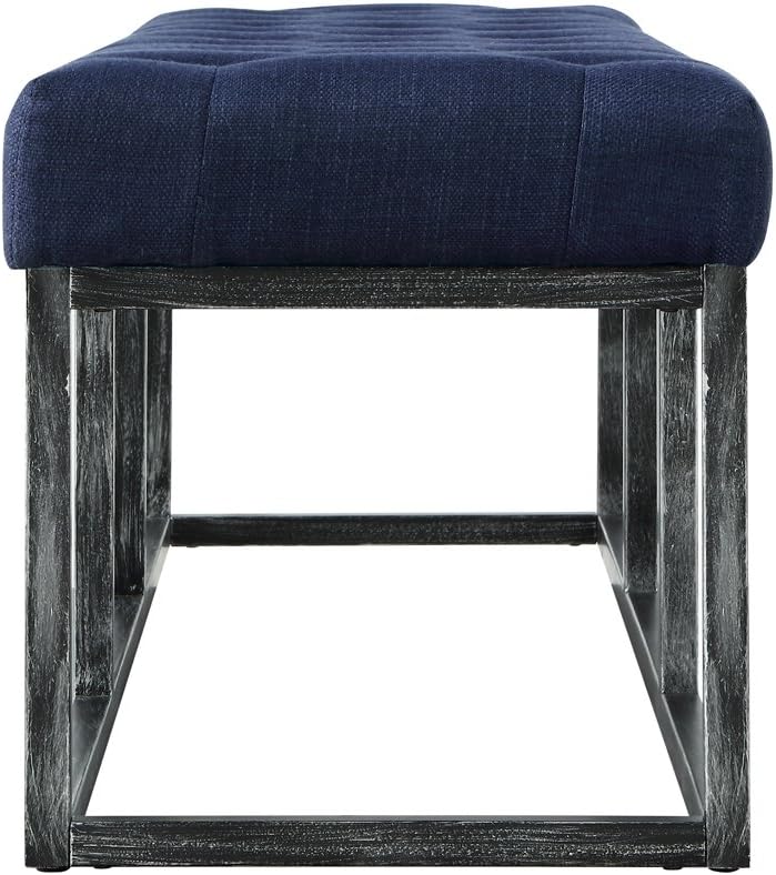 24KF Upholstered Tufted Long Bench Seats with Metal Frame Leg, Linen Bench Ottoman with Padded Seat-Navy Blue