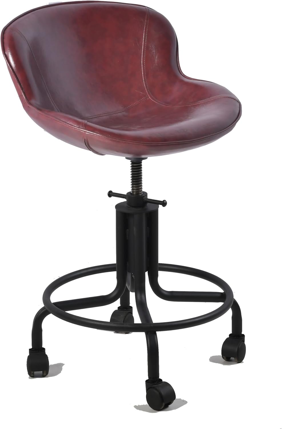 Topower Antique Industrial Design Metal Adjustable Height Kitchen Dining Breakfast Chair Industrial Style Bar Stool Fully Welded Maroon PU Leather Seat