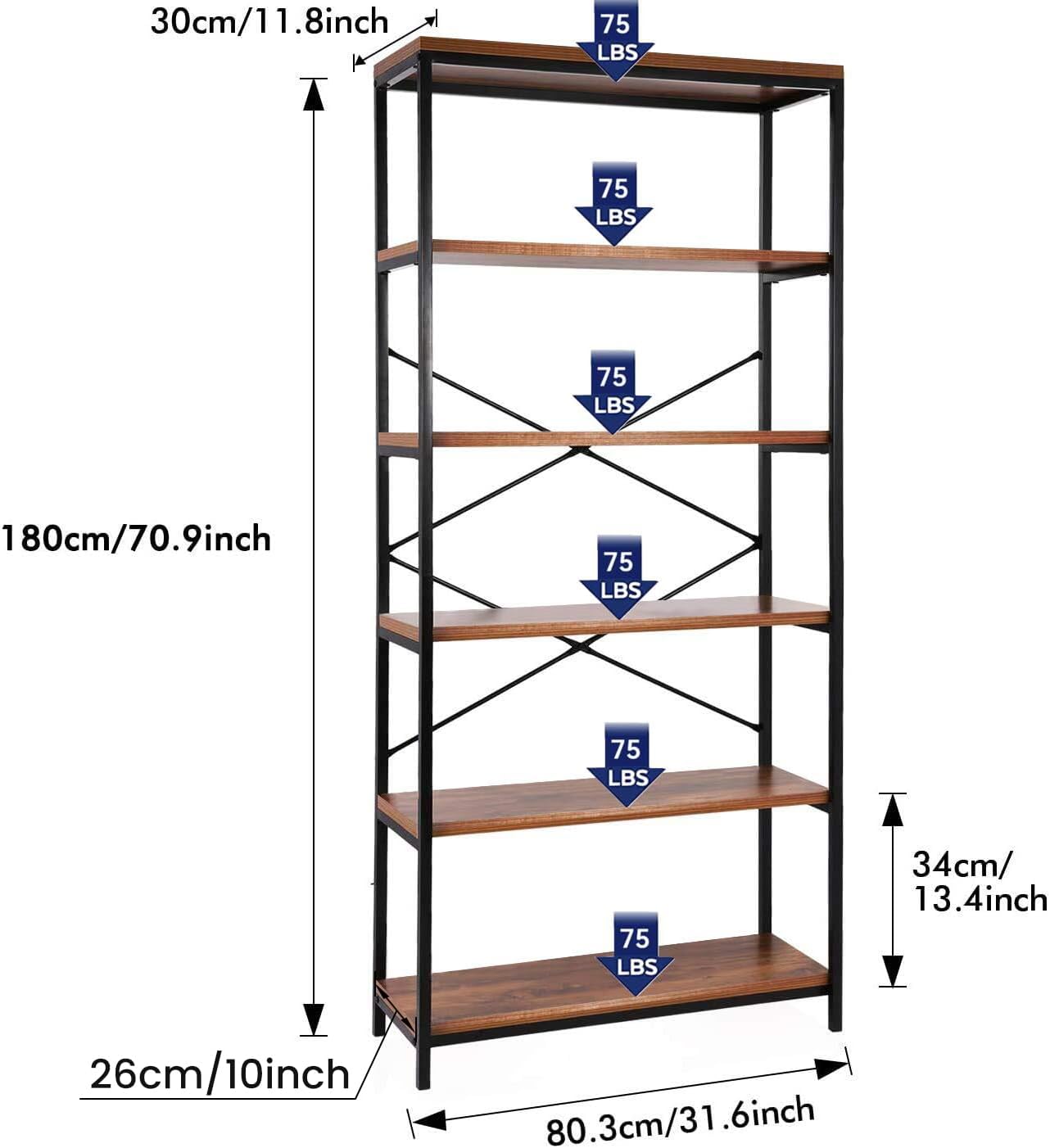 Himimi 6 Tier Industrial Bookshelf, Vintage Standing Storage Shelf, Display Shelving Units, Tall Bookcase, Industrial Metal Book Shelves for Living Room Bedroom and Home Office