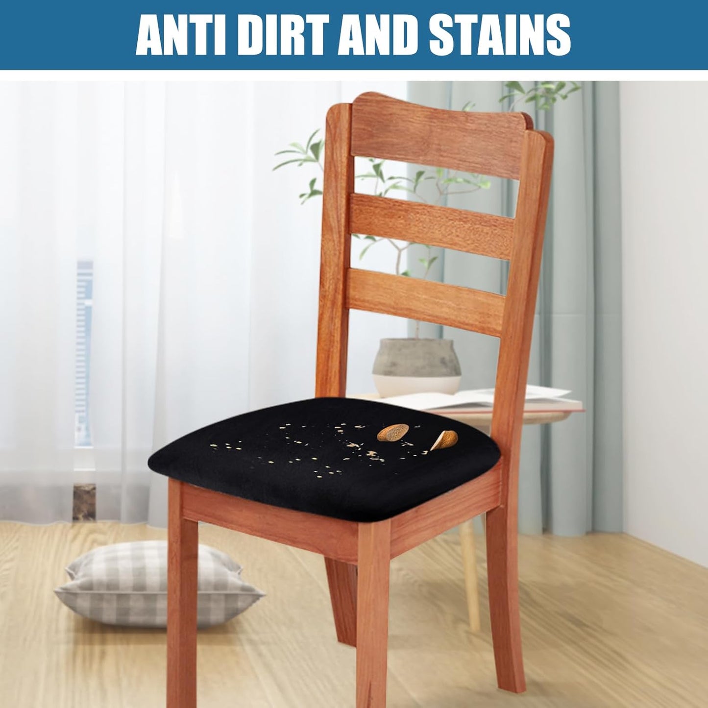 Smiry Velvet Seat Covers for Dining Room Chair Set of 4, Stretch Fit Removable Washable Chair Seat Cushion Protector Slipcovers with Ties, Black