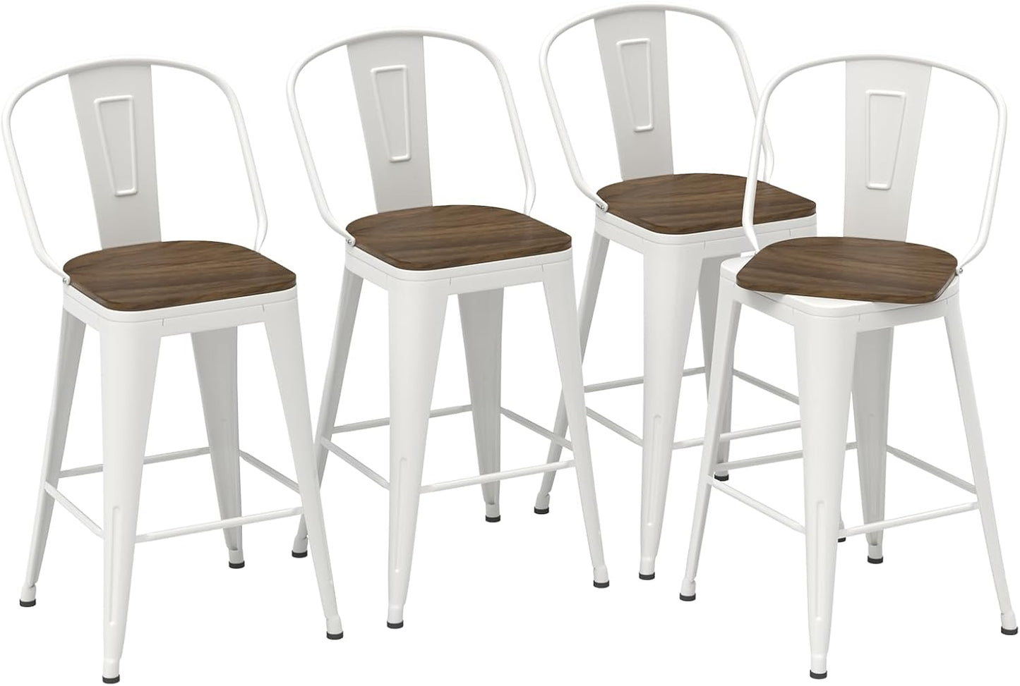 26” Swivel Bar Stools Set of 4, Counter Height Bar Stools Wooden Seat, Metal Industrial Bar Chairs with High Back for Kitchen Island (White)