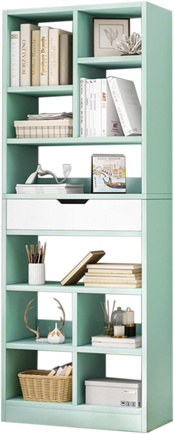IOTXY Wooden Open Shelf Bookcase - 71 Inches Tall Freestanding Display Storage Cabinet Organizer with 10 Cubes and a Drawer, Floor Standing Bookshelf in Tiffany-Green