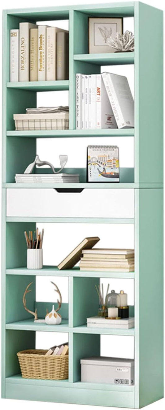 IOTXY Wooden Open Shelf Bookcase - 71 Inches Tall Freestanding Display Storage Cabinet Organizer with 10 Cubes and a Drawer, Floor Standing Bookshelf in Tiffany-Green