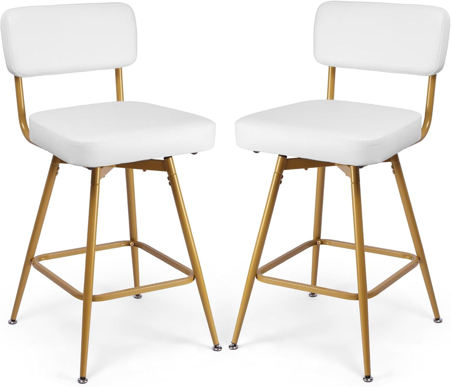 Swivel Counter Height Bar Stools Set of 2, Faux Leather Bar Stools with Back, Metal Legs and Footrest, 26" Seat Height Barstools for Kitchen Islands and Home Bars, Easy Assembly, White&Gold
