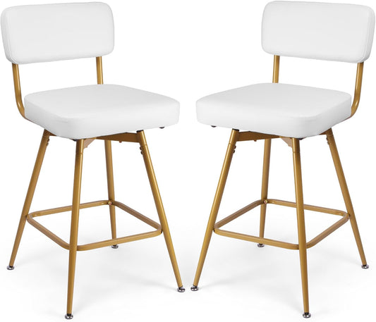 Swivel Counter Height Bar Stools Set of 2, Faux Leather Bar Stools with Back, Metal Legs and Footrest, 26" Seat Height Barstools for Kitchen Islands and Home Bars, Easy Assembly, White&Gold