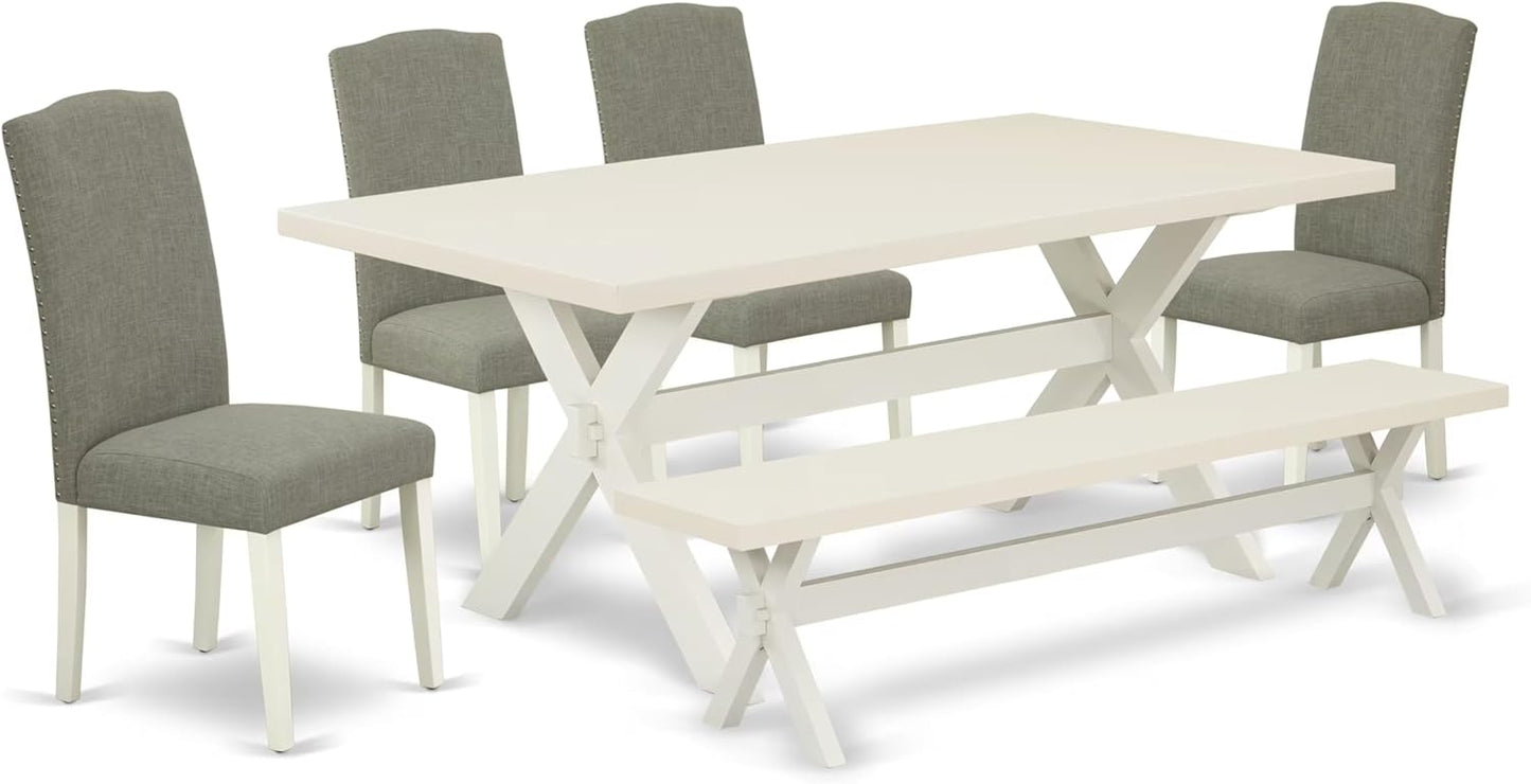 East West Furniture X027EN206-6 6 Piece Kitchen Table Set Contains a Rectangle Dining Table with X-Legs and 4 Dark Shitake Linen Fabric Parson Chairs with a Bench, 40x72 Inch, Multi-Color