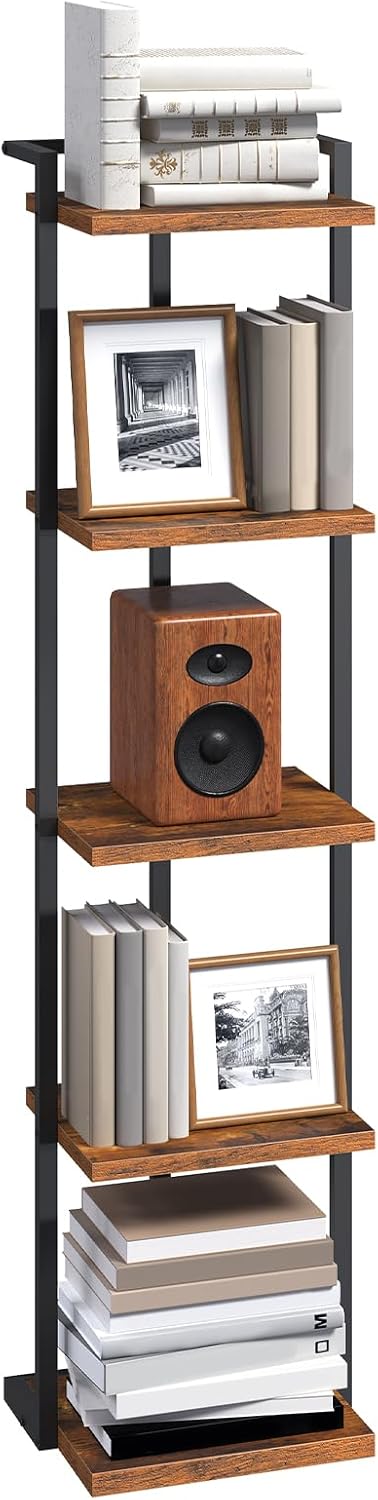 Bookshelf, 5-Tier Bookcase, Vertical Tall Narrow Book Shelf for Small Space, Open Storage Display Shelf with Stable Base & Anti-Tip Kits, for Living Room, Study, Rustic Brown BKHR11501