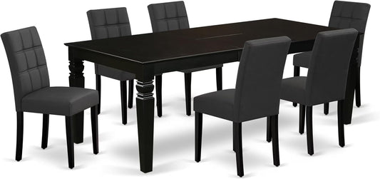 East West Furniture LGAS7-BLK-12 7 Piece Dinner Table Set Contain A Dining Table and 6 Dark Gray Polyester Fabric Person Chairs with Stylish Back- Black Finish