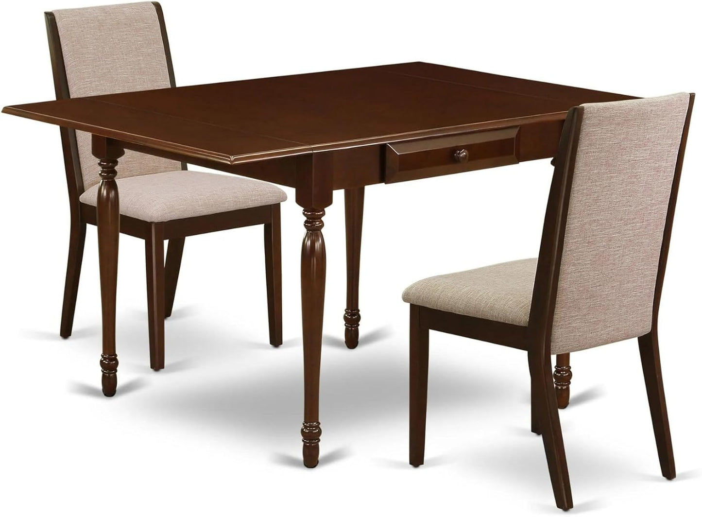 East West Furniture MZLA3-MAH-04 3 Piece Dinette Set for Small Spaces Contains a Rectangle Dining Table with Dropleaf and 2 Light Tan Linen Fabric Parson Chairs, 36x54 Inch, Mahogany