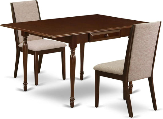 East West Furniture MZLA3-MAH-04 3 Piece Dinette Set for Small Spaces Contains a Rectangle Dining Table with Dropleaf and 2 Light Tan Linen Fabric Parson Chairs, 36x54 Inch, Mahogany