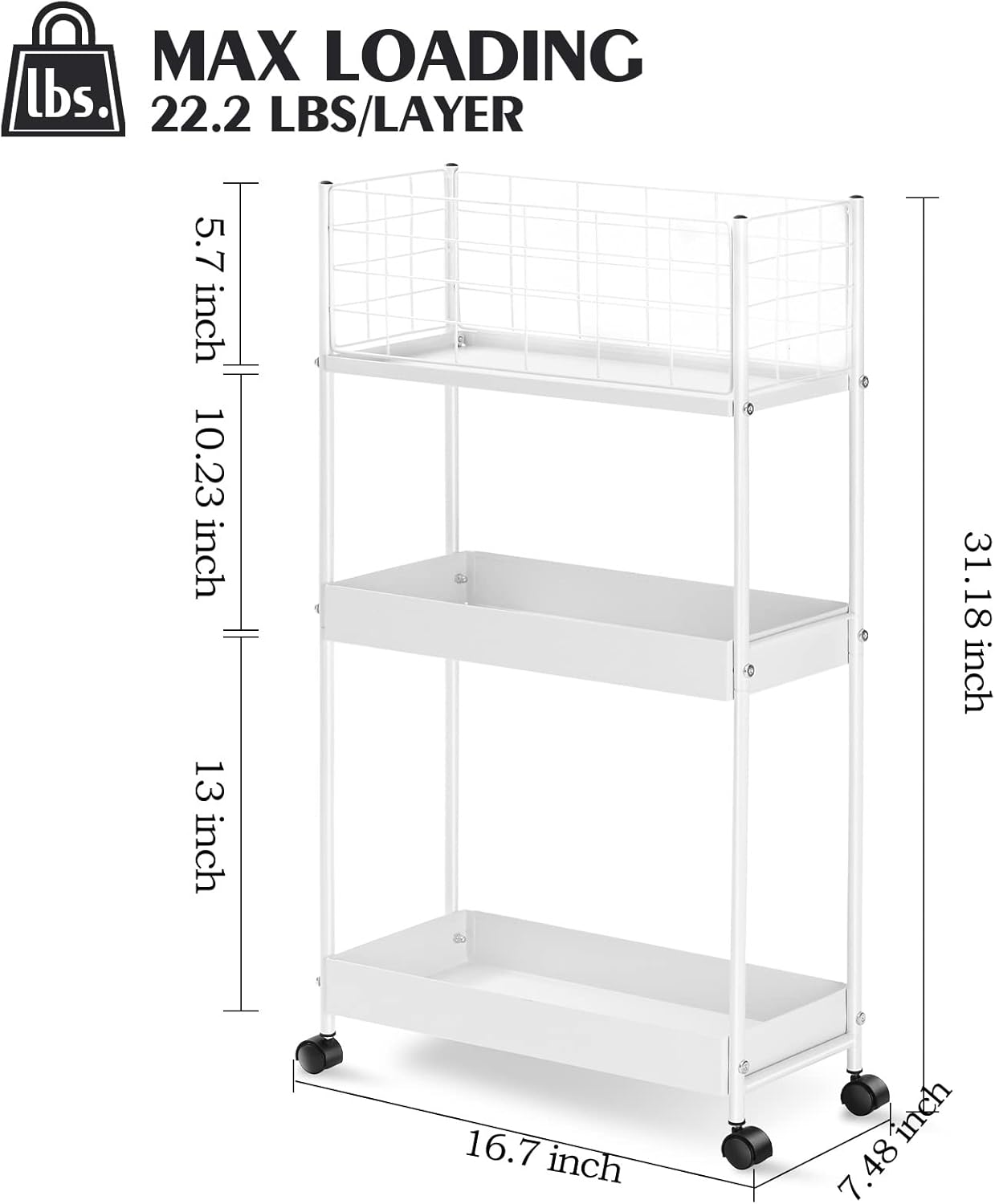 KINGRACK 3-Tier Rolling Utility Cart with Wheels, Metal Slim Storage Cart, Multifunctional Storage Organizer, Rolling Storage Cart for Kitchen, Office, Bathroom, Narrow Place, White