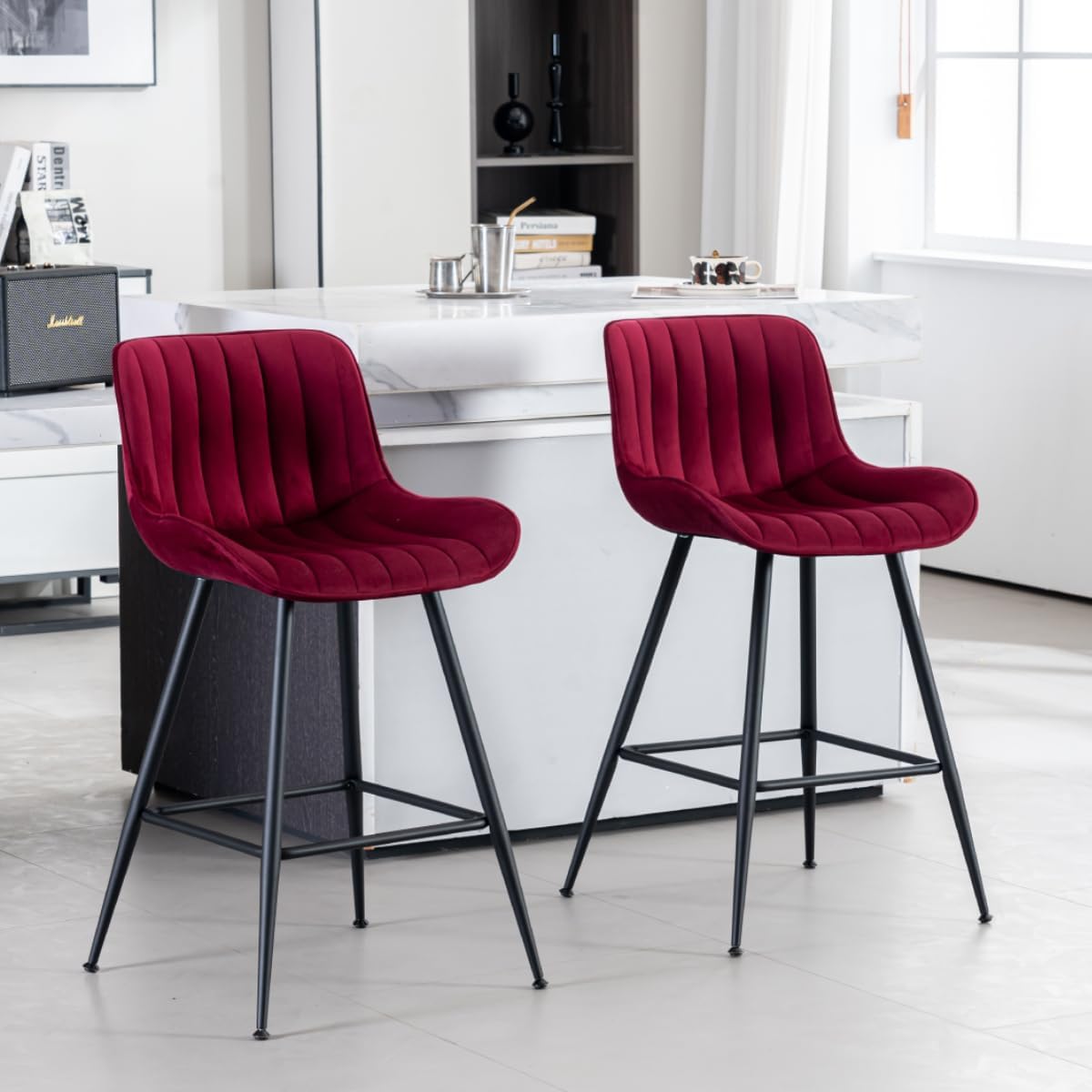 Bar Stools Set of 2 - Burgundy Counter Height Bar Stools Velvet Fabric Upholstered Bar Stools 24 Inches Seat Height Barstools with Backs Bar Chairs for Kitchen Island (Burgundy).