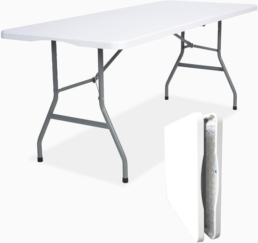 Folding Table 6 FT Lightweight Portable Plastic Fold-in-Half Utility Foldable Table suitable to hold large, Plastic Dining Indoor Outdoor for Camping, Picnic and Party, White(27.5"D ×70.8"W ×29.1"H)