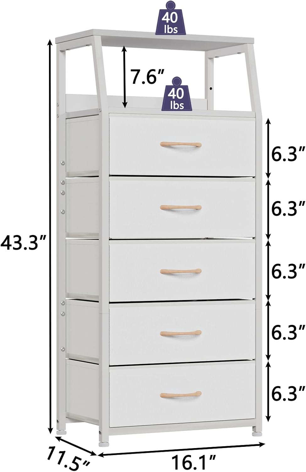 Furnulem White Dresser with 5 Drawers, Vertical Storage Tower Fabric Dresser for Bedroom, Hallway, Entryway, Nursery, Closet Organizer, Nightstand Bedside Table Furniture, Sturdy Steel Frame, Wood Top