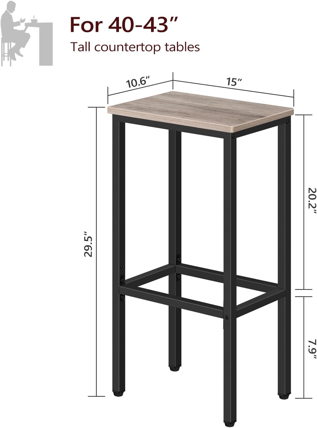 Set of 2 Bar Stools, 29.5" Tall Counter Bar Stools, Kitchen Breakfast Bar Chairs with Footrest, Rectangular Industrial Bar Chairs, for Dining Room, Greige and Black BAHG01701