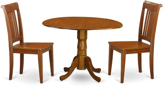 East West Furniture DLPO3-SBR-W 3 Piece Kitchen Table Set for Small Spaces Contains a Round Dining Room Table with Dropleaf and 2 Solid Wood Seat Chairs, 42x42 Inch, Saddle Brown