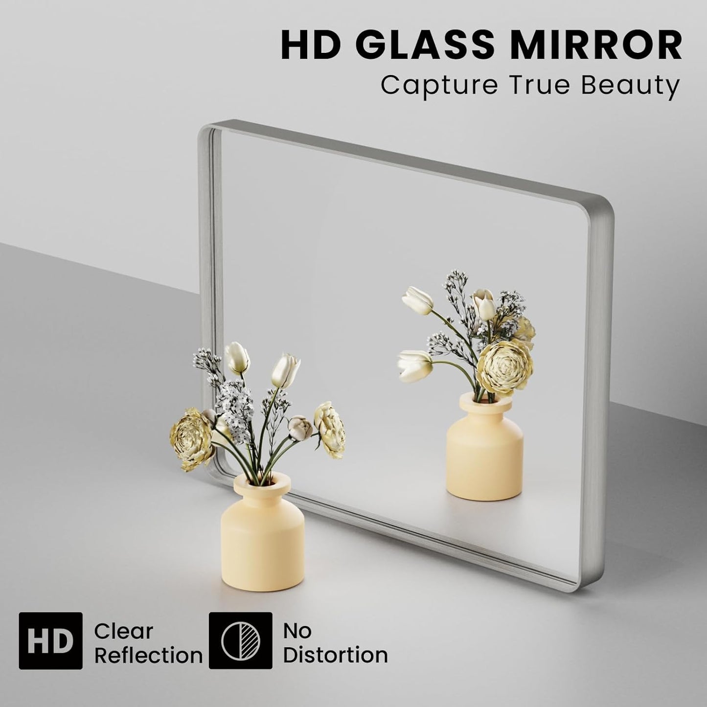 Brushed Nickel Bathroom Mirror 38x38 Inch, Brushed Silver Metal Frame Mirror Wall Mounted, Rounded Bathroom Vanity Mirror, Tempered Glass, Anti-Rust, Horizontal/Vertical