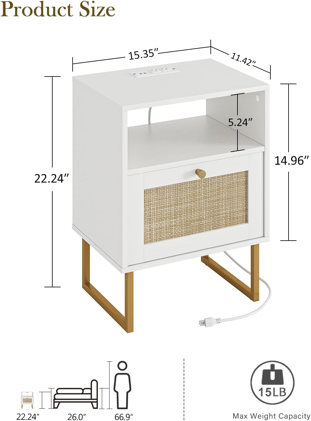 Masupu Rattan Nightstand with Charging Station,Modern Boho Farmhouse Wood Bedside Table with Storage Drawer and Open Shelf,Small Gold Frame Side End Table for Bedroom,Living Room,Office White