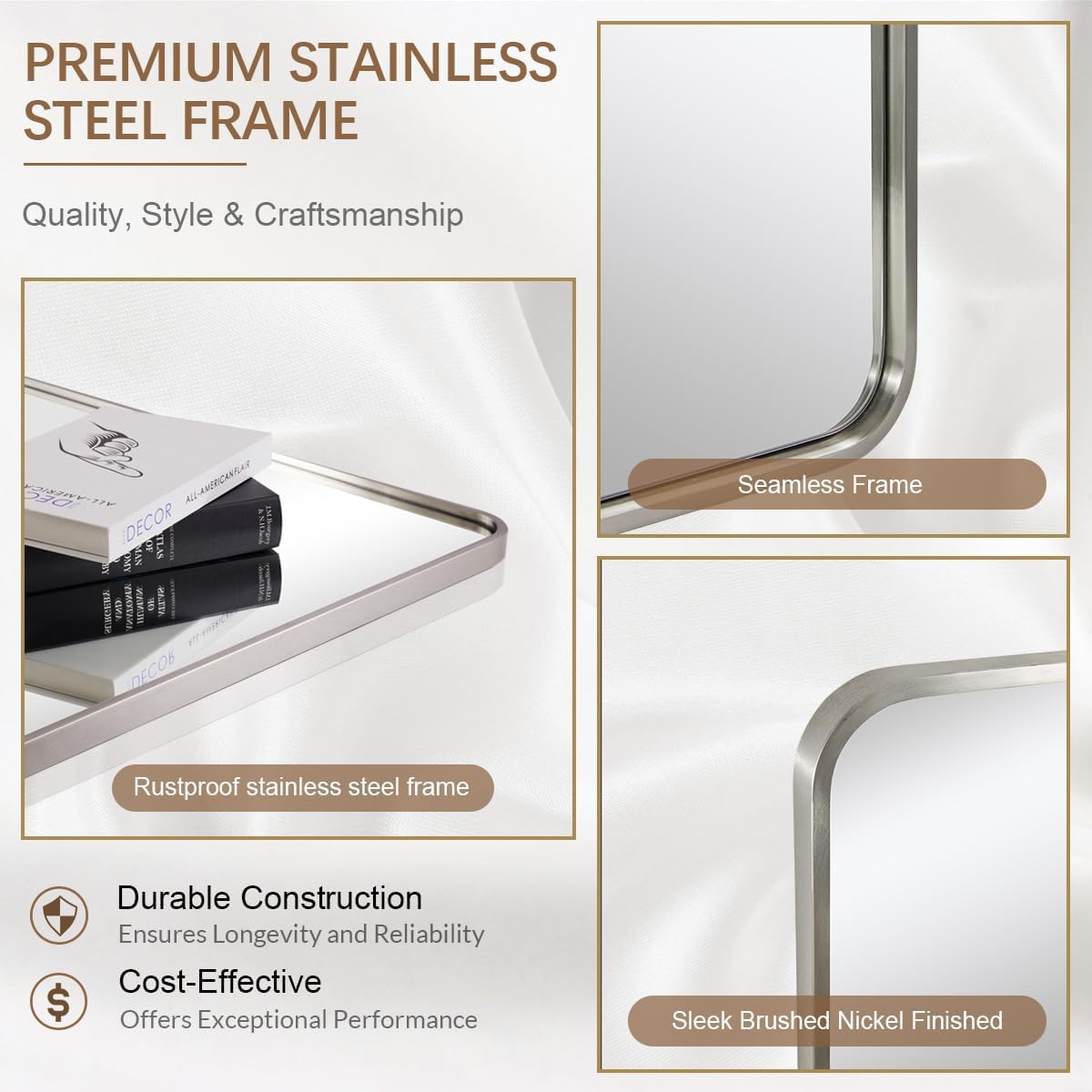 ANDY STAR 24x32 INCH Brushed Nickel Mirror, Rounded Rectangle Silver Metal Framed Mirrors for Bathroom Anti-Rust SUS304, Tube Metal Frame, 1’’ Deep Wall Mounted Vertically/Horizontal