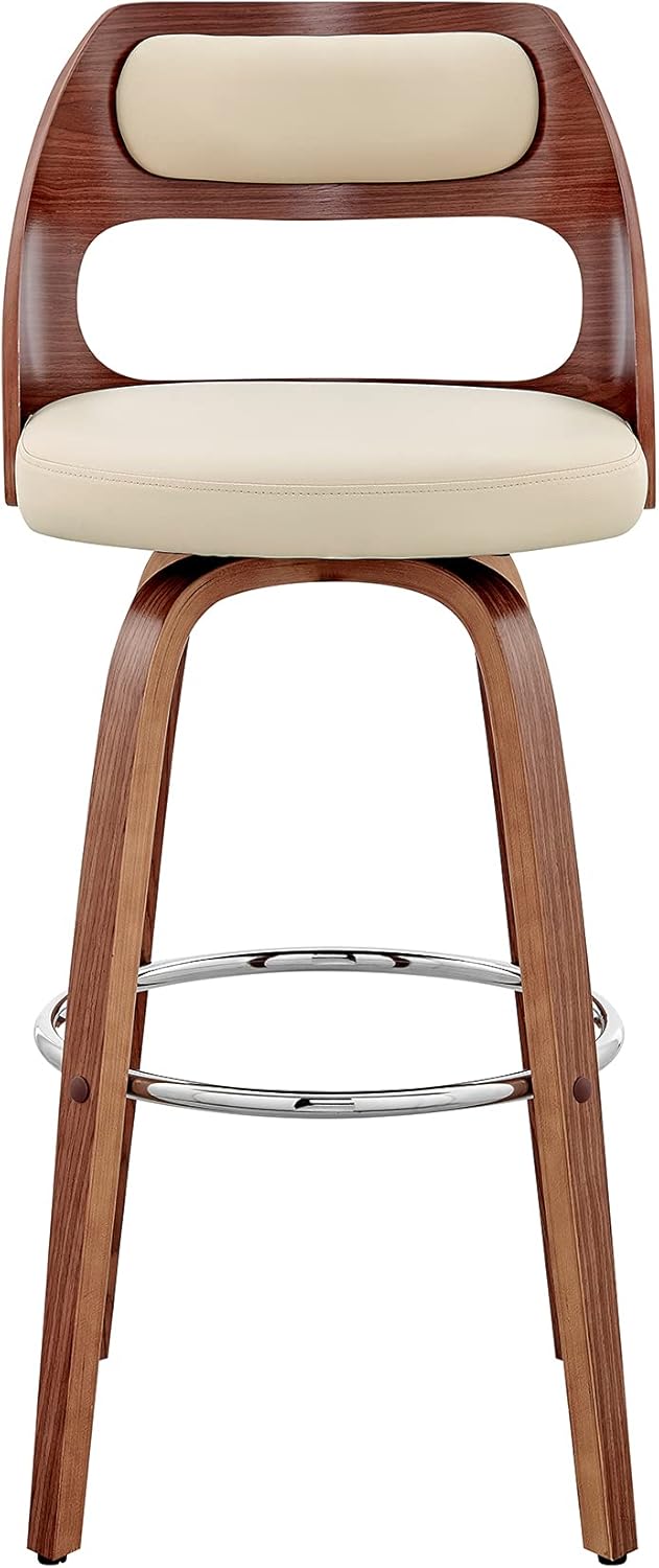 Armen Living Julius Mid Century Modern Swivel Bar Stool for Kitchen Island Counter in Cream Faux Leather and Walnut Wood, 26" Seat Height