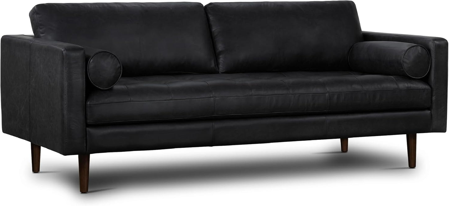 Poly & Bark Napa Leather Couch - 88.5-Inch Office Sofa with 2 Bolsters - Full-Grain Leather Sofa for Living Room with Feather-Down Topper - Living Room Couch - Vintage Italian Leather in Onyx Black