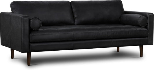 Poly & Bark Napa Leather Couch - 88.5-Inch Office Sofa with 2 Bolsters - Full-Grain Leather Sofa for Living Room with Feather-Down Topper - Living Room Couch - Vintage Italian Leather in Onyx Black