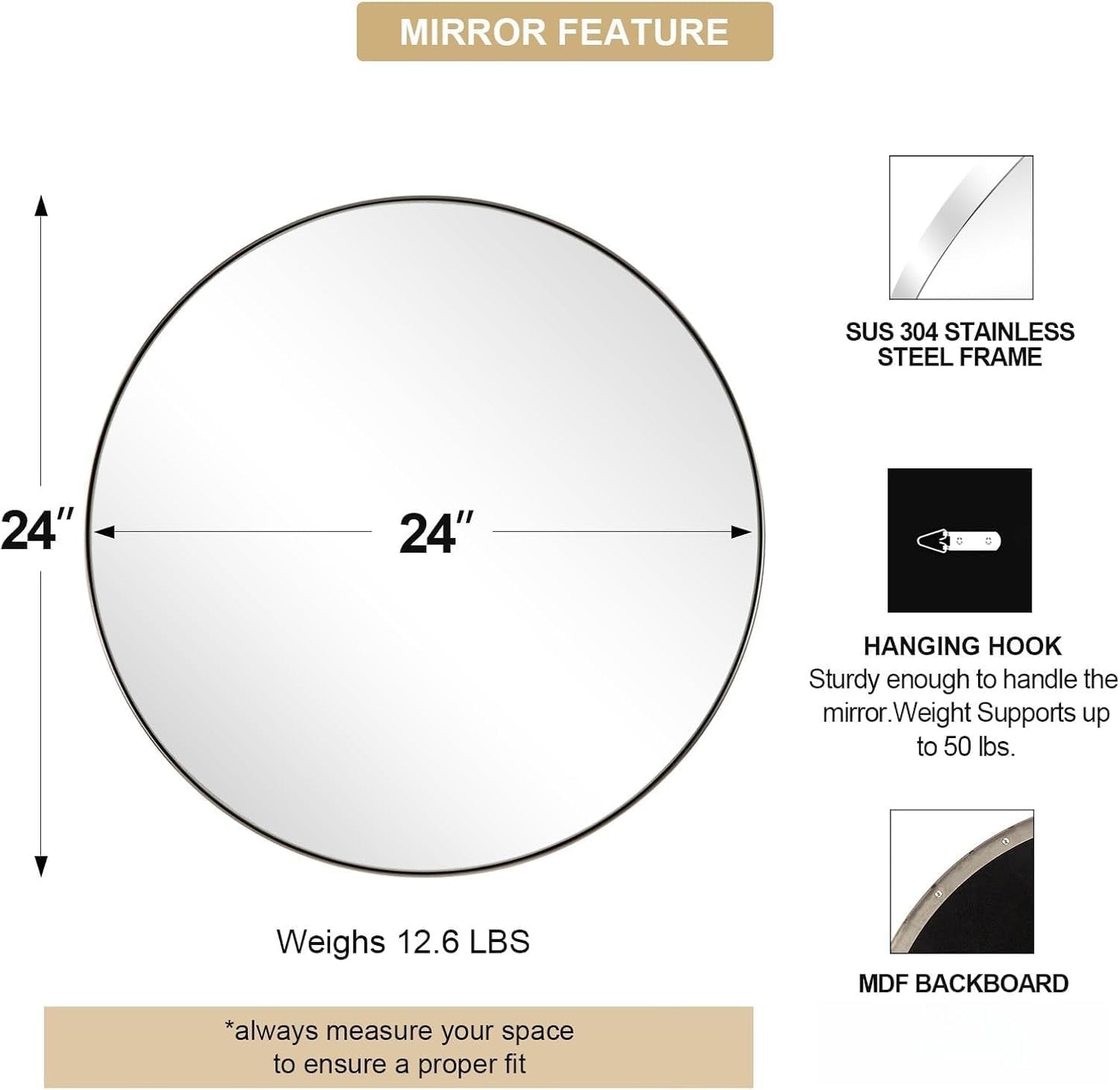 ANDY STAR Round Bathroom Mirror, 24’’ Polished Chrome Round Bathroom Mirrors in Stainless Steel Metal Frame 1" Deep Set Design 7