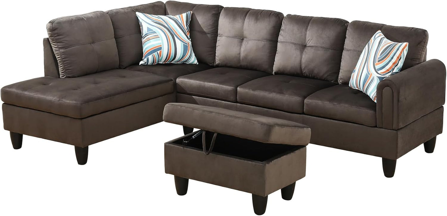 L Shaped Couch Modern Sectional Couch Upholstered Flannel Fabric 3 Pieces Sofas for Living Room with Chaise, Storage Ottoman for Office and Small Apartment, Dark Brown