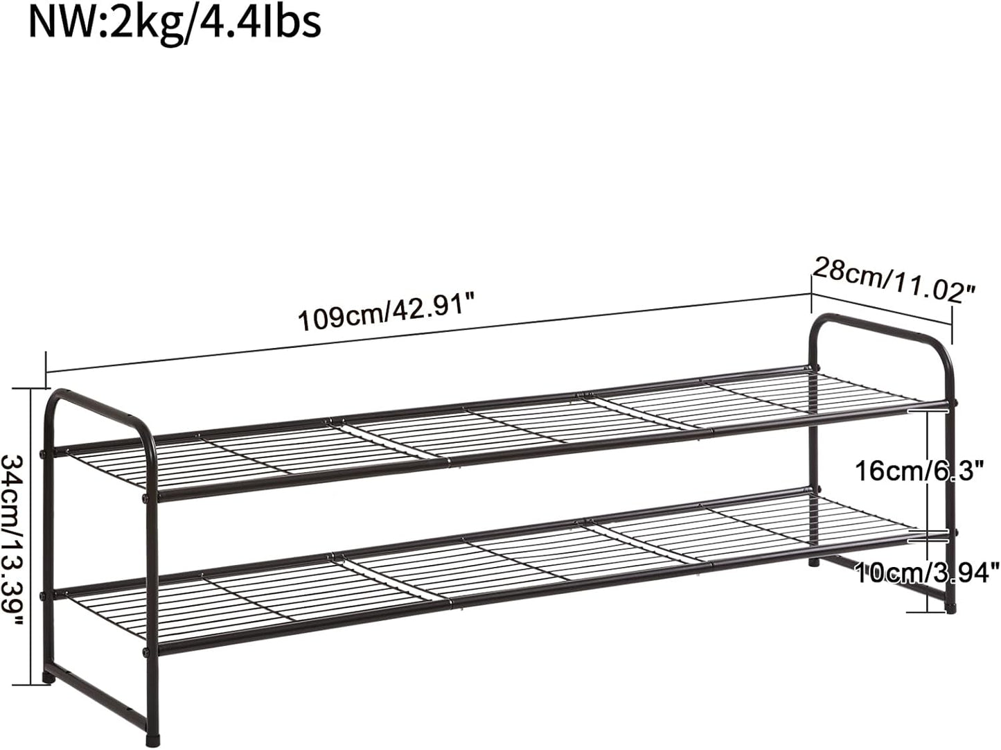 YMYNY Freestanding Shoe Racks, 2 Tiers Stackable & Adjustable Shoe Storage Shelf, Extra Large Capacity Shoe Organizer Stand for 12-18 Pairs, for Entryway, Closet, Bedroom, Black, 42.9" L, UHXJ303B