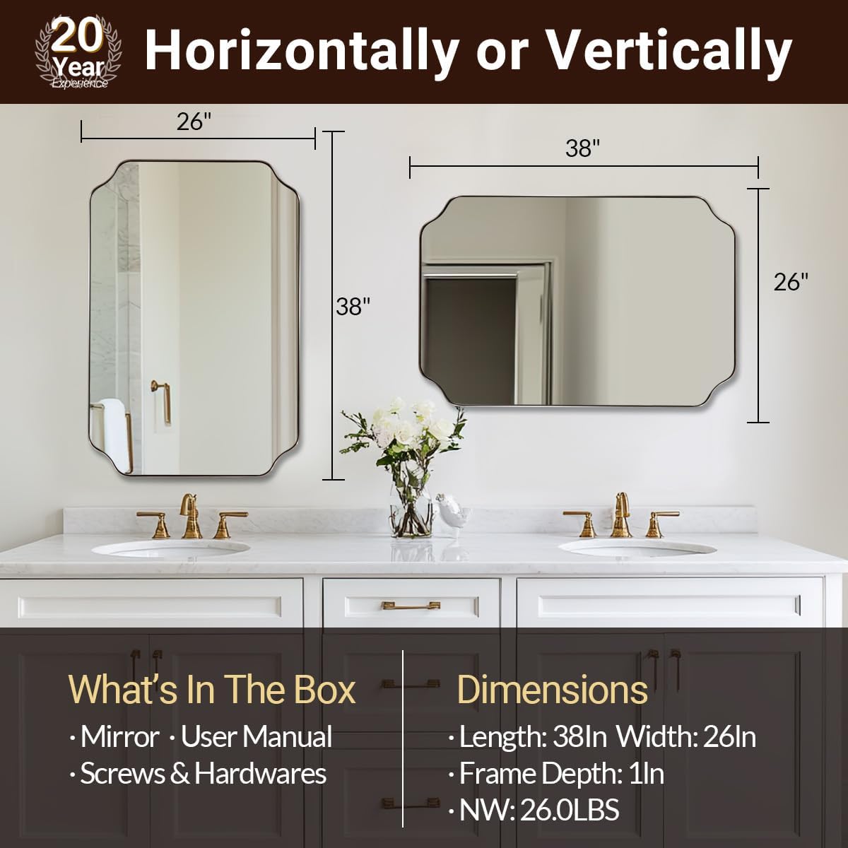 ANDY STAR 26x38 Inch Mirror for Bathroom, Brushed Nickel Scalloped Rectangle Mirror, Silver Bathroom Vanity Mirror in Rust-Proof Stainless Steel 1" Frame, Modern Scalloped Edge Design