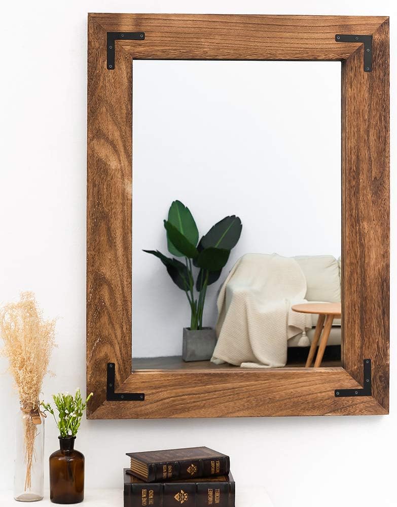 YOSHOOT Rustic Wooden Framed Wall Mirror, Natural Wood Bathroom Vanity Mirror for Farmhouse Decor, Vertical or Horizontal Hanging, 32" x 24", Brown