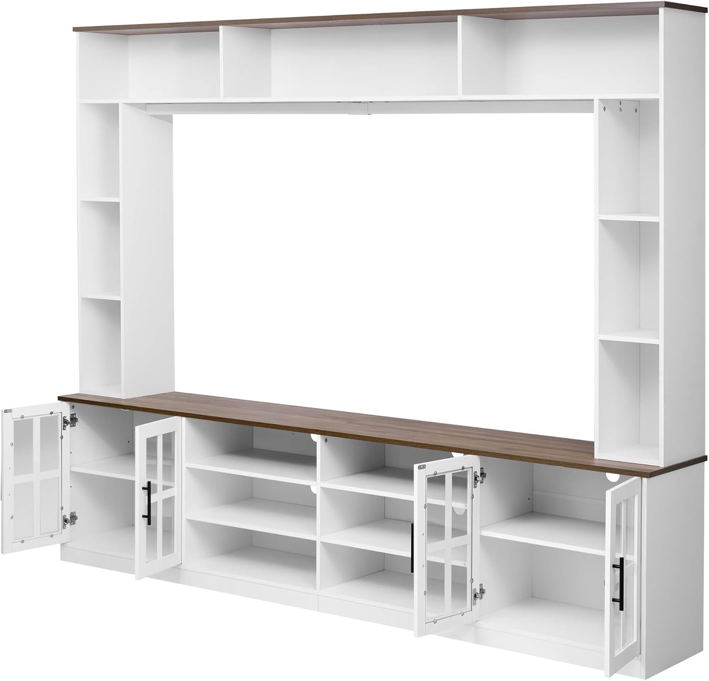 95.5" Entertainment Wall Unit Set with Bookshelves, Modern TV Stand for Televisions Up to 80", Large Media Console with Cabinets and Tempered Glass Doors for Living Room