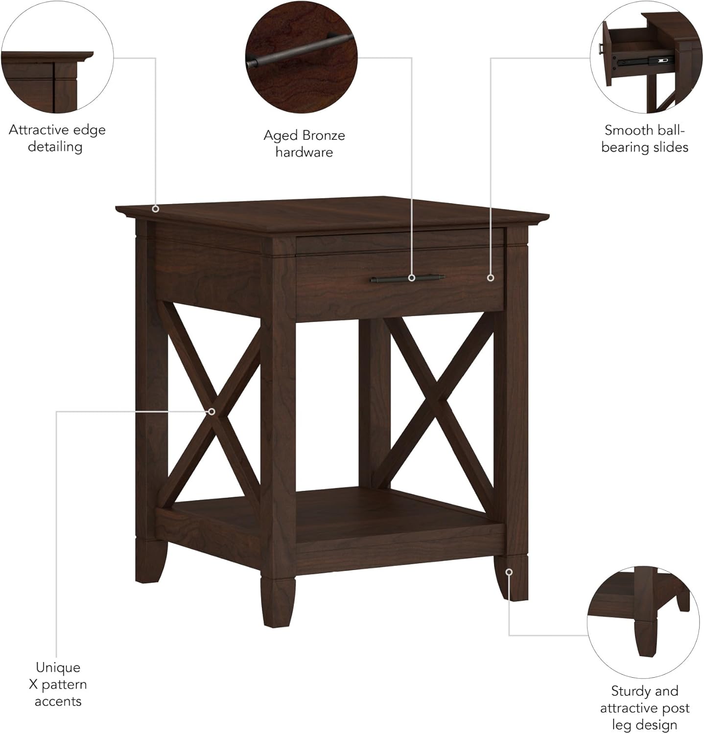 Bush Furniture Key West Small End Table with Storage | Modern Farmhouse Accent Shelf for Living Room in Bing Cherry