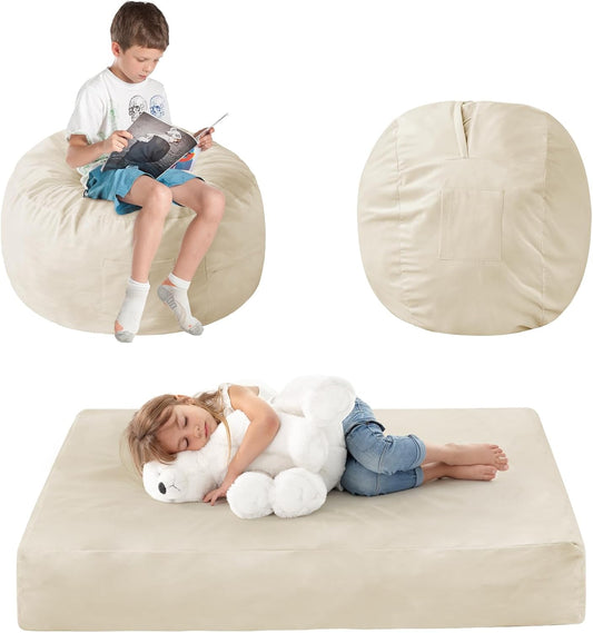 Kids Bean Bag Chair Bed - Convertible Lazy Chair to Floor Mattress with Filler - Small Beanbag Chair for Boys and Girls - Floor Couch Sofa in Bedroom, Classroom, Reading Nook - Beige