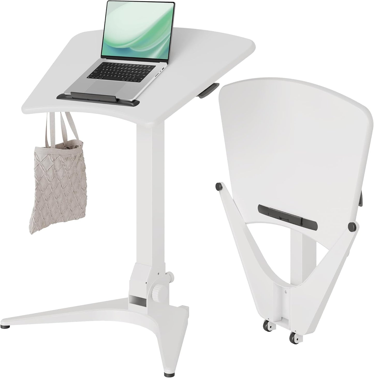 Claiks Mobile Standing Desk, Portable Rolling Workstation With Wheels, Pneumatic Height Adjustable Sit-Stand With 90 Tiltable, Foldable Non-Slip Computer Stand, White