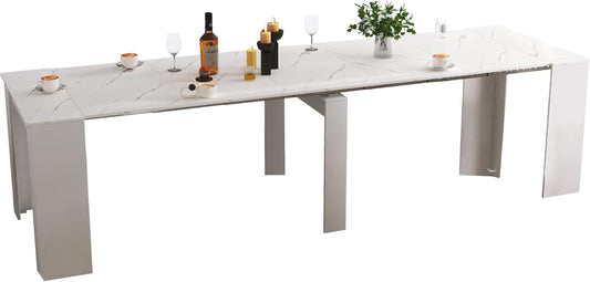 Expandable Dining Table, Convertible Table for Dining Room, Kitchen and Small Spaces, for 2-10 People, White Marble