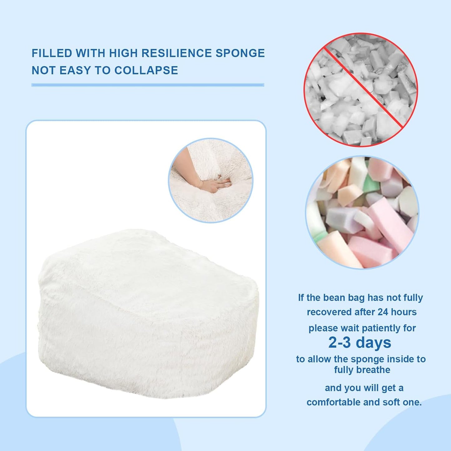 Recaceik Bean Bag Chair Large Bean Bag Chairs, with Fluffy Removable Spongefor, for Living Rooms, bedrooms, Study Rooms, and Offices(White)