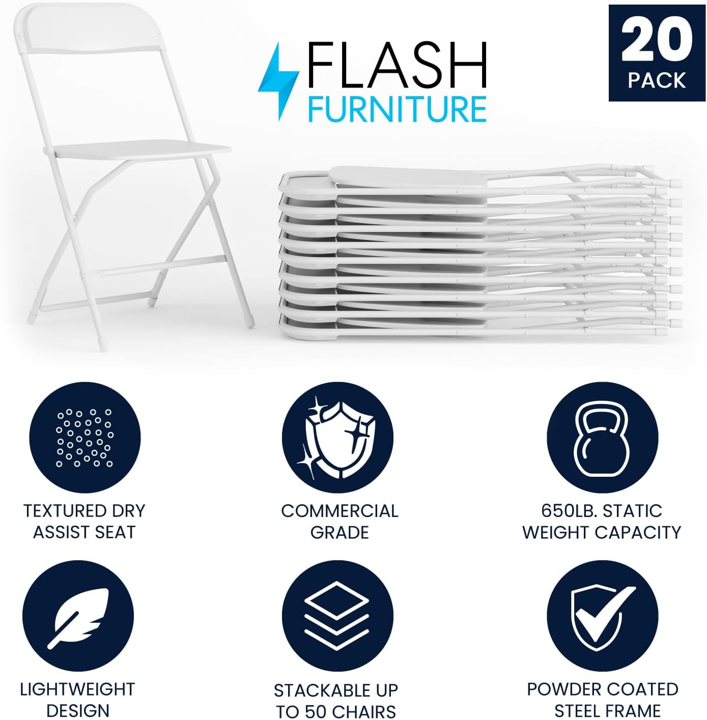 Flash Furniture Hercules Series Plastic Folding Chair - White - 20 Pack 650LB Weight Capacity Comfortable Event Chair-Lightweight Folding Chair