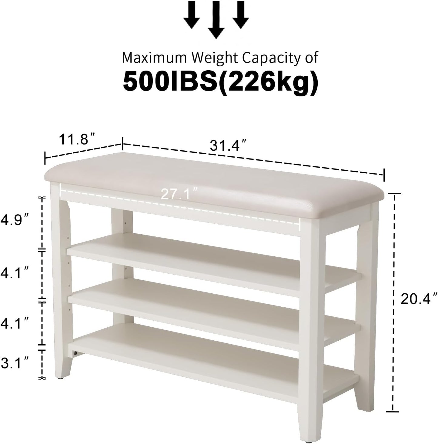 Shoe Bench with Leather Cushion, 3 Tiers Shoe Storage Bench Height Adjustable, Walnut Wood Entryway Bench for Hallway, Mudroom