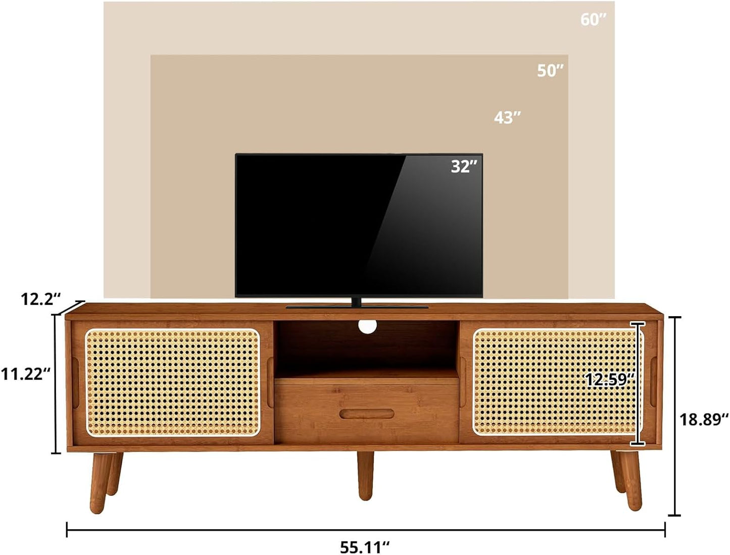 HollyHOME Bamboo TV Stand with Storage for TVs up to 65", Modern Entertainment Center with Rattan and Drawer, Accent TV Table with 2 Shelf, Media Console Cabinet for Living Room, Bedroom, Walnut