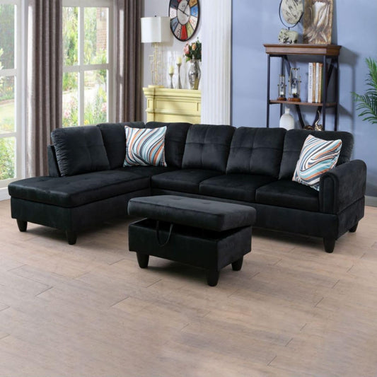 Black L-Shaped 3-Piece Flannel Sofa with Storage Ottoman Set, Sectional Couch Sofa Set for Living Room, Office, Small Space