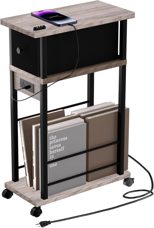 Side Table with Charging Station and Drawer, Narrow End Table with USB Ports and Outlets for Small Space, Living Room, Bedroom and Office, with 4 Wheels (1, Greige + Black)