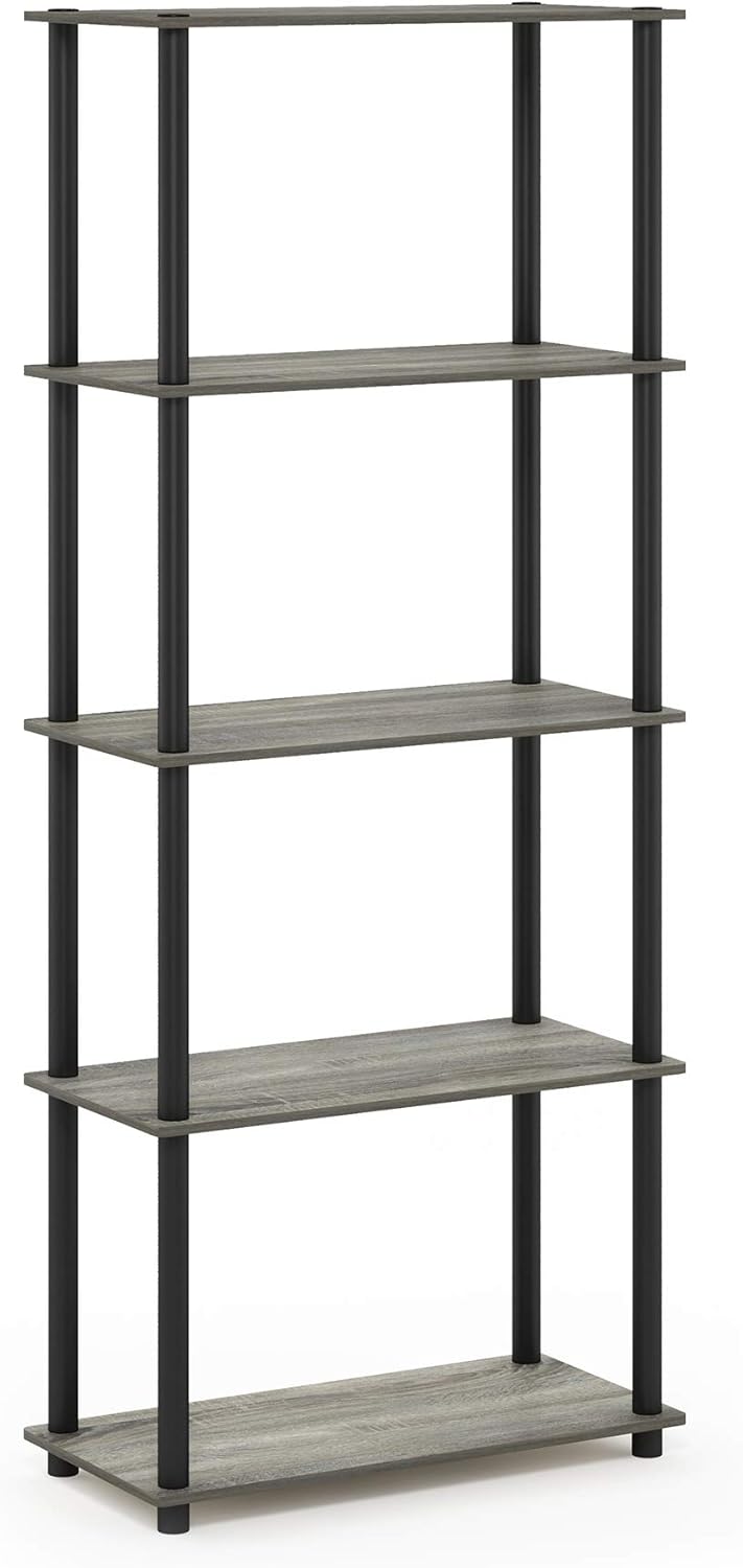 Furinno Turn-N-Tube 5-Tier Multipurpose Shelf / Display Rack / Storage Shelf / Bookshelf, Round Tubes, French Oak Grey/Black