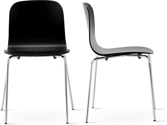 Livinia No.10 Mid-Century Modern Wooden Dining Chairs Set of 2, Contemporary Bentwood Kitchen Interior Armless Chairs with Steel Legs (Black)