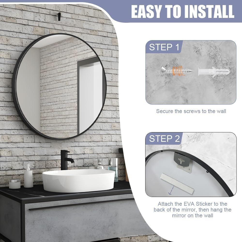 26inch Bathroom Round Mirror,Wall Mounted Vanity Mirror,Steel Frame,Black,Steel Frame