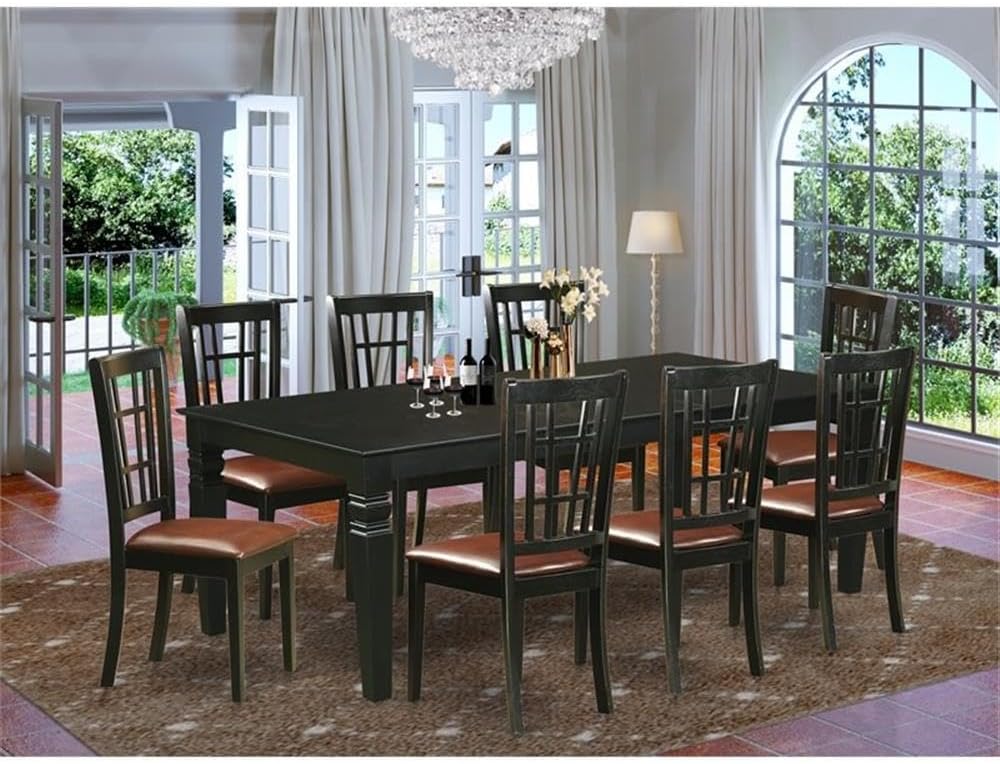 East West Furniture LGNI9-BLK-LC 9 Piece Kitchen Table & Chairs Set Includes a Rectangle Dining Room Table with Butterfly Leaf and 8 Faux Leather Upholstered Chairs, 42x84 Inch, Black