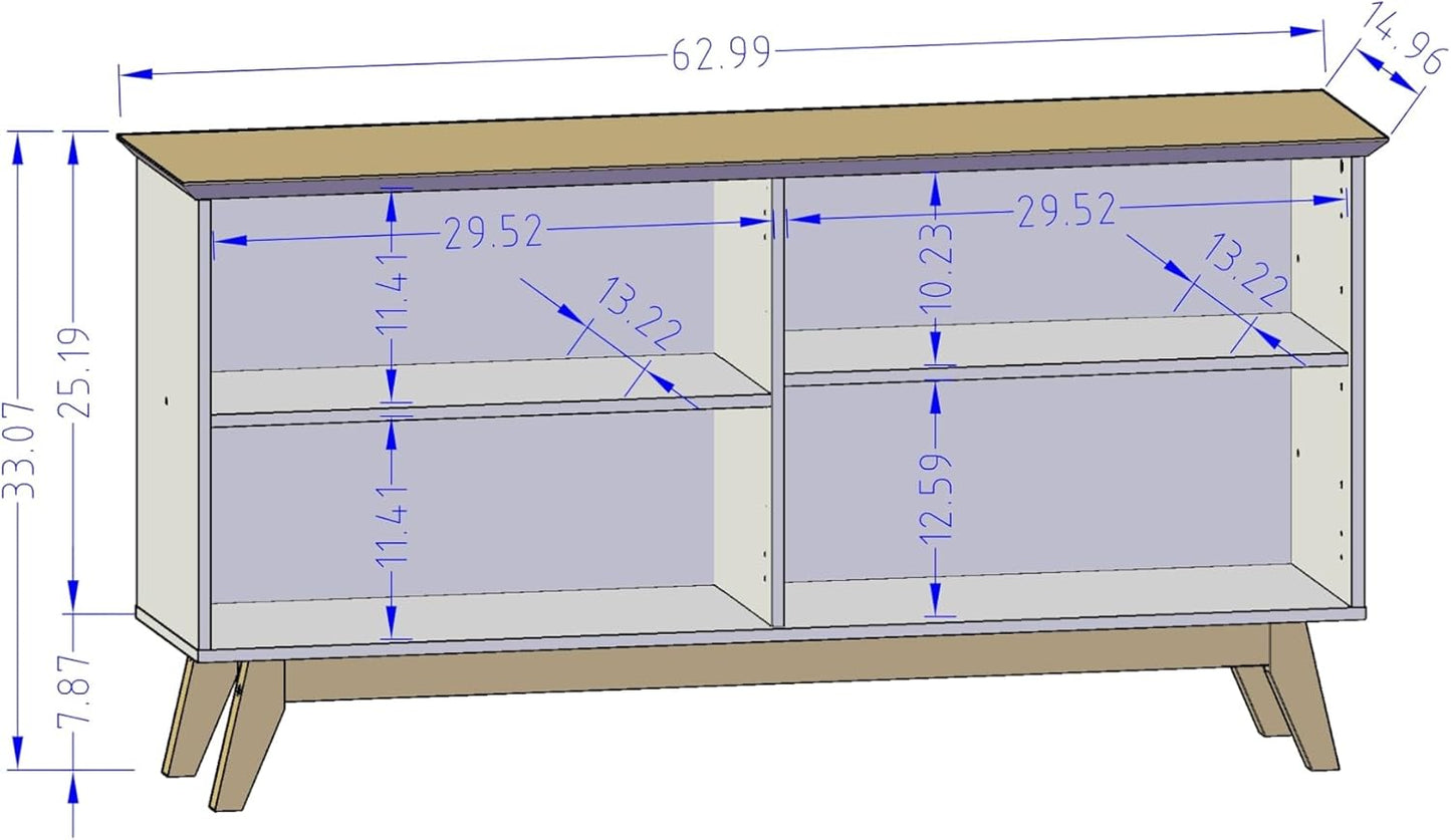 Manhattan Comfort Yonkers Mid Century Modern Sideboard Cabinet with Soft Close Doors, 4 Cubby Storage Spaces, Solid Wood Splayed Legs, Versatile Accent Buffet Stand, Off White/Cinnamon