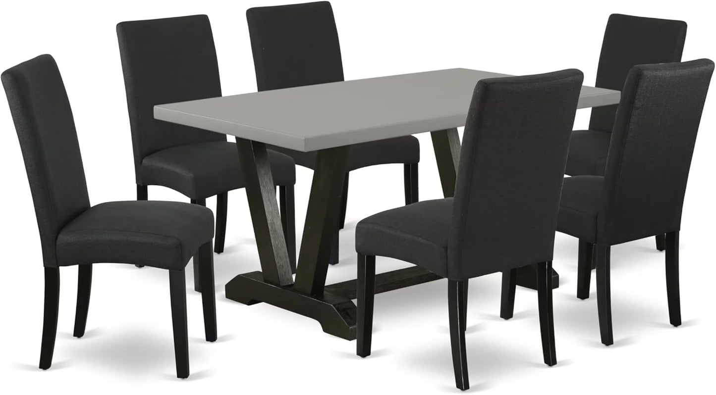 East West Furniture V696DR124-7 7 Piece Dining Table Set Consist of a Rectangle Dining Room Table with V-Legs and 6 Black Color Linen Fabric Upholstered Chairs, 36x60 Inch, Multi-Color