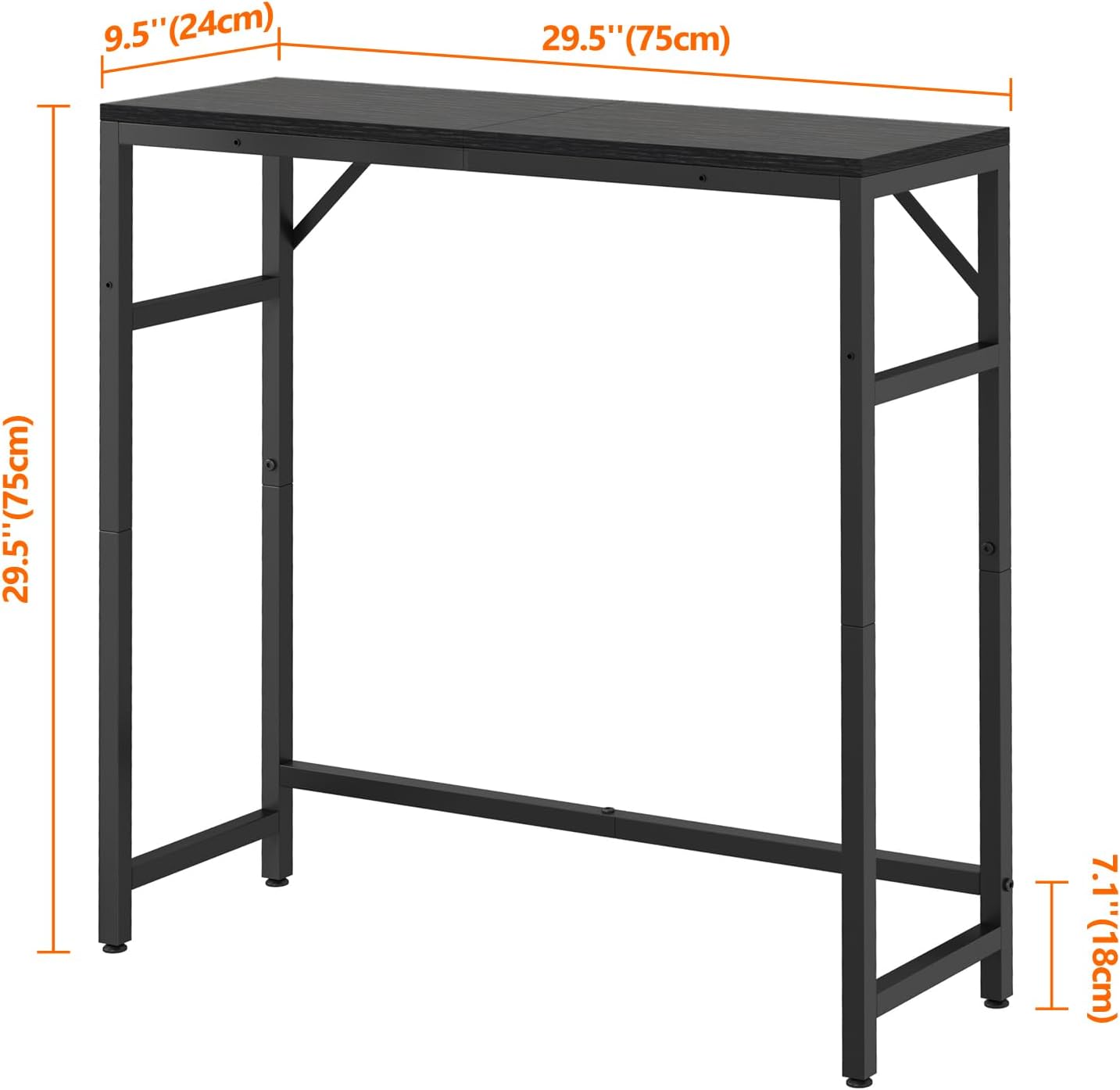 Narrow Console Table for Entryway, 29.5” Entryway Table with Shelf, Industrial Thin Sofa Table with 2 Support Bars Behind Couch, Display Tables for Living Room, Bedroom, Foyer, Black